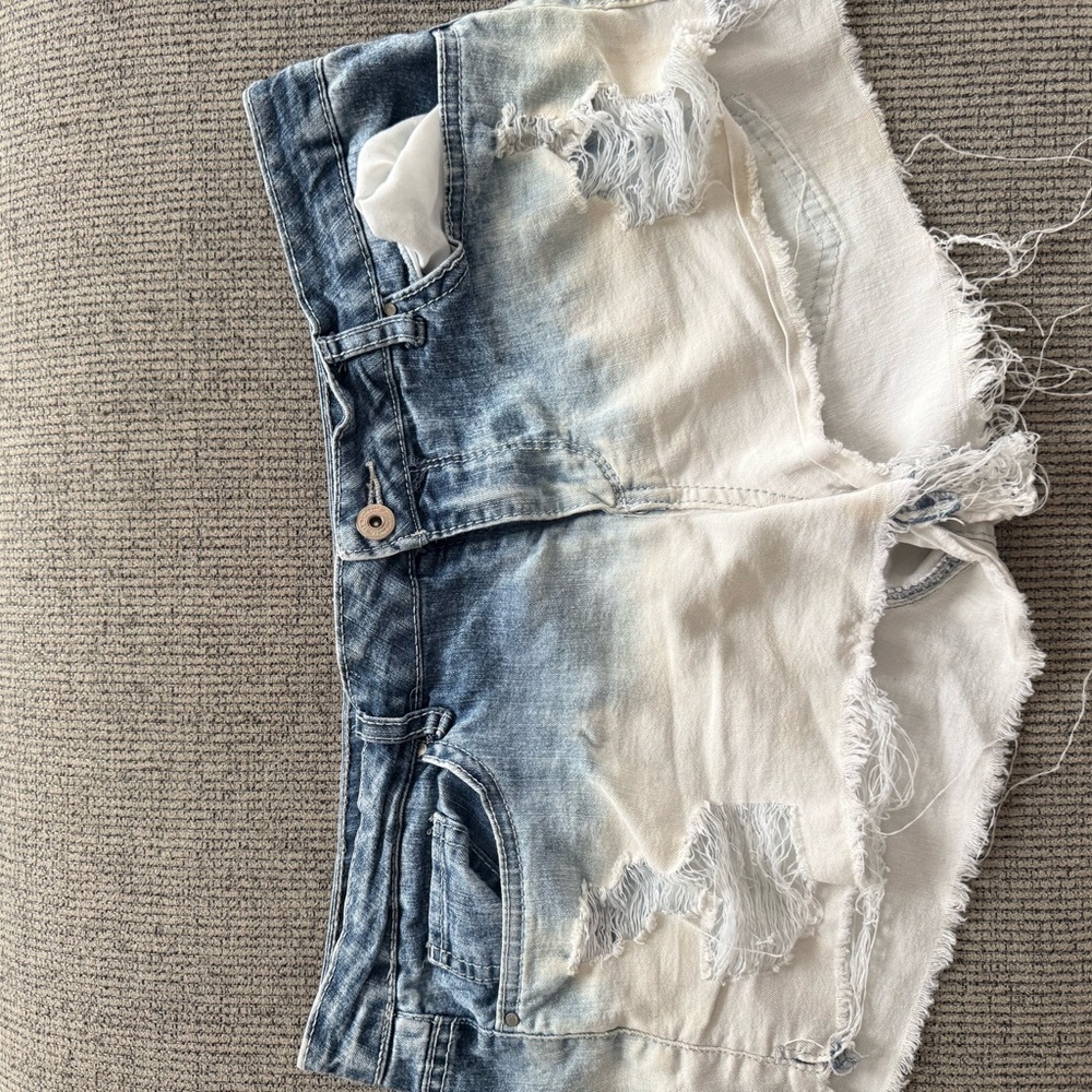 LEI Blue and White Distressed Jean Shorts